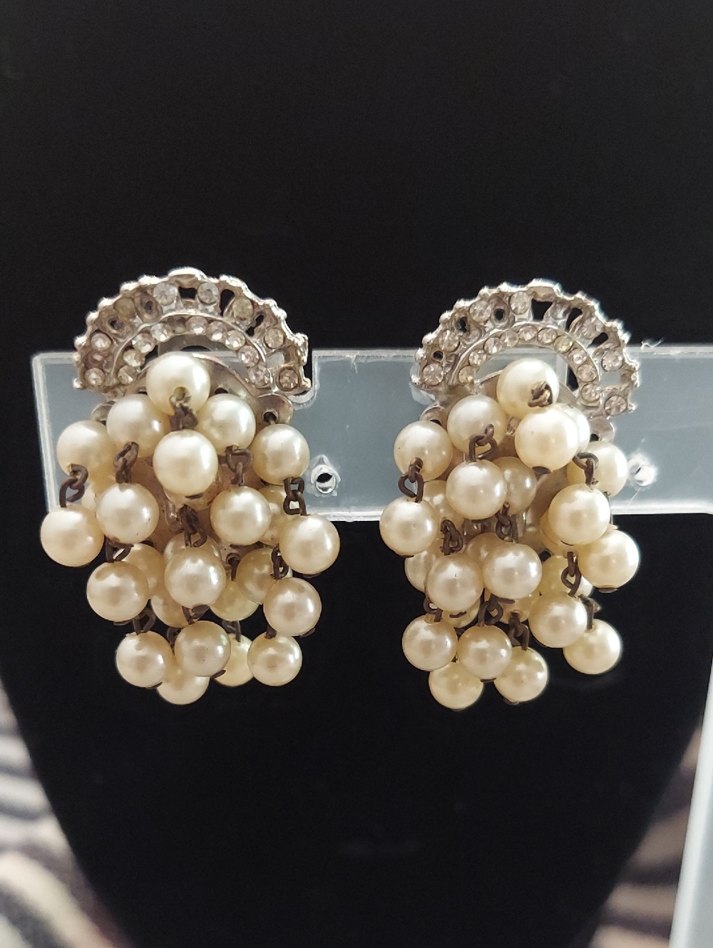 Vintage Rhinestone Crown Over Cascading Faux Pearl Beaded Clip On Earrings 1.5"